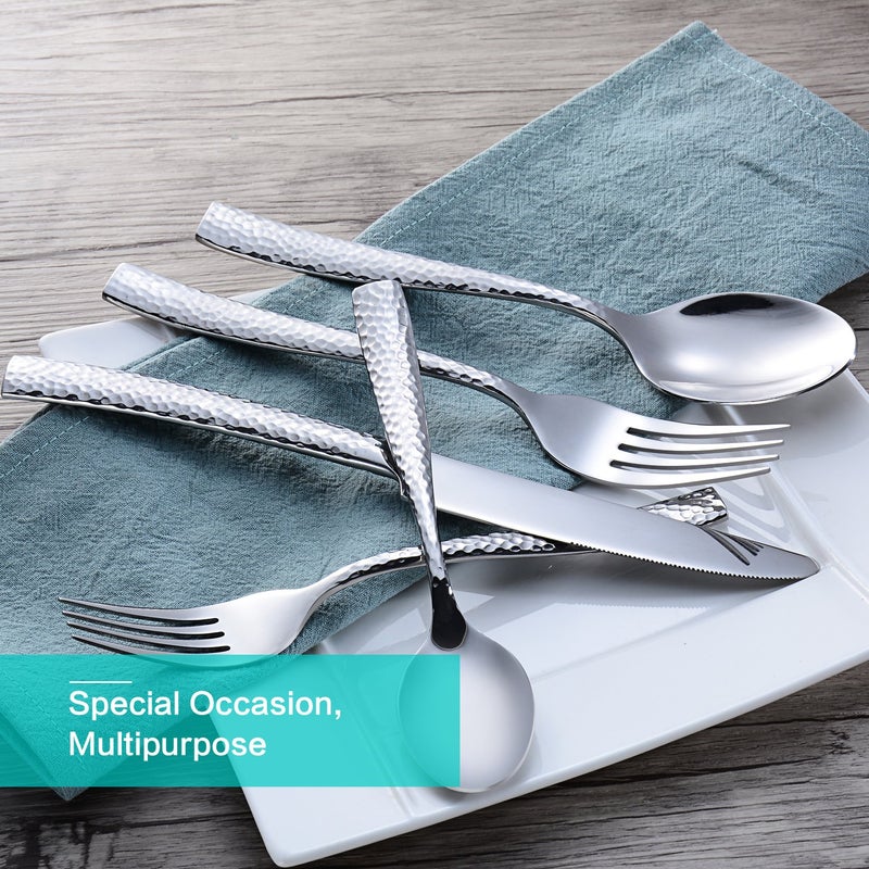 Flatasy Flatware Silverware Set Hammered Mirror Polished Stainless Steel 20 Piece Set for Home Kitchen Restaurant Hotel Housewarming Wedding Gift Service for 4 - Image 5
